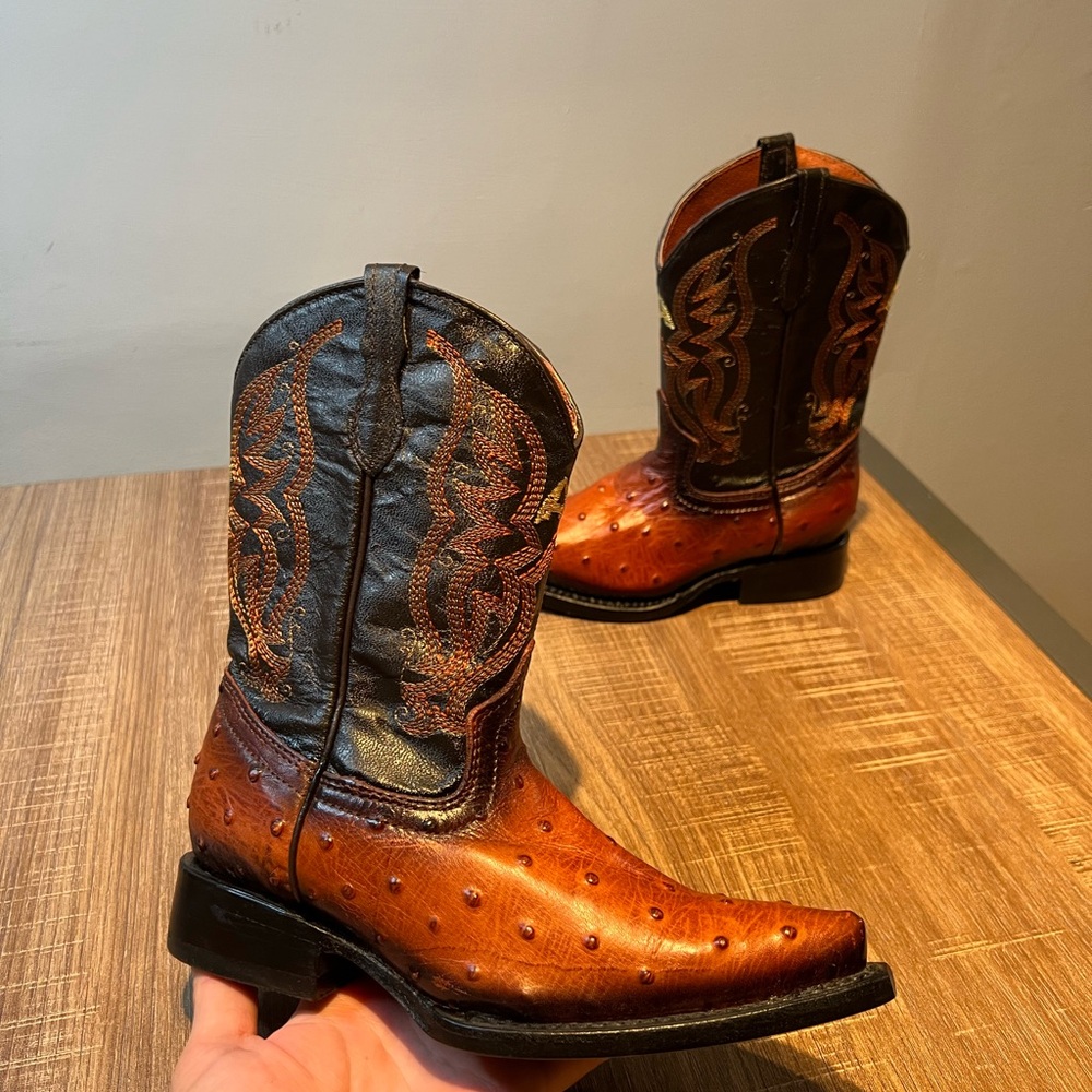 Admirable Ostrich Print Leather Kids‎ Black Brown Cowboy Boots US 13 MEX 20